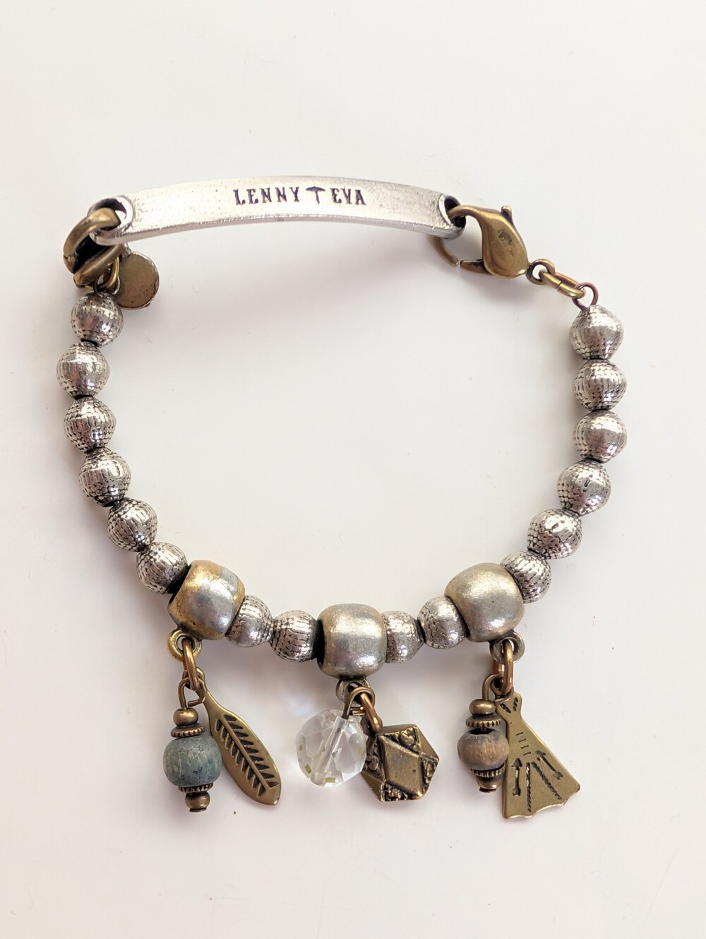 Lenny And Eva Brassy Silver Tone Bead Boho Outdoor Hiking Earthy Charm Bracelet